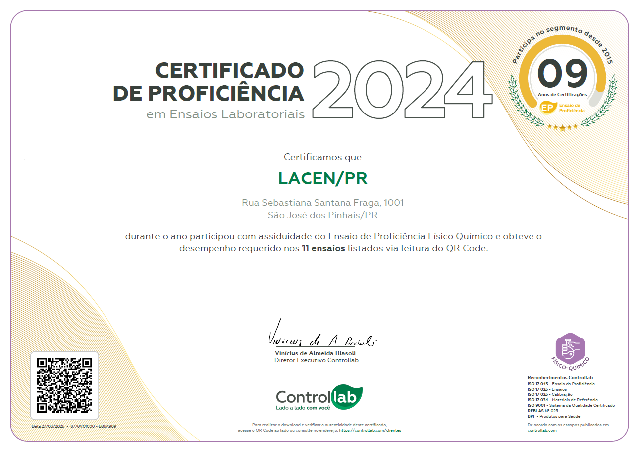 Certificado de Proficiência FQ - Lacen/PR